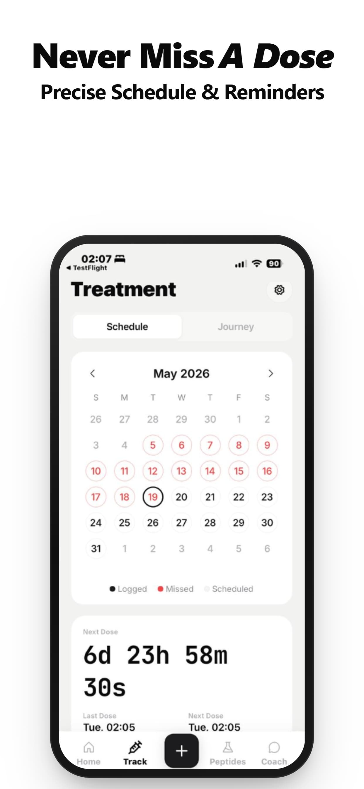 PeptPro app — treatment tracker with dose countdown and medication level